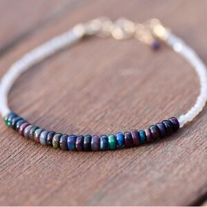 New Handmade 14K Gold Moonstone & Black Opal Bracelet with Sapphire Drop